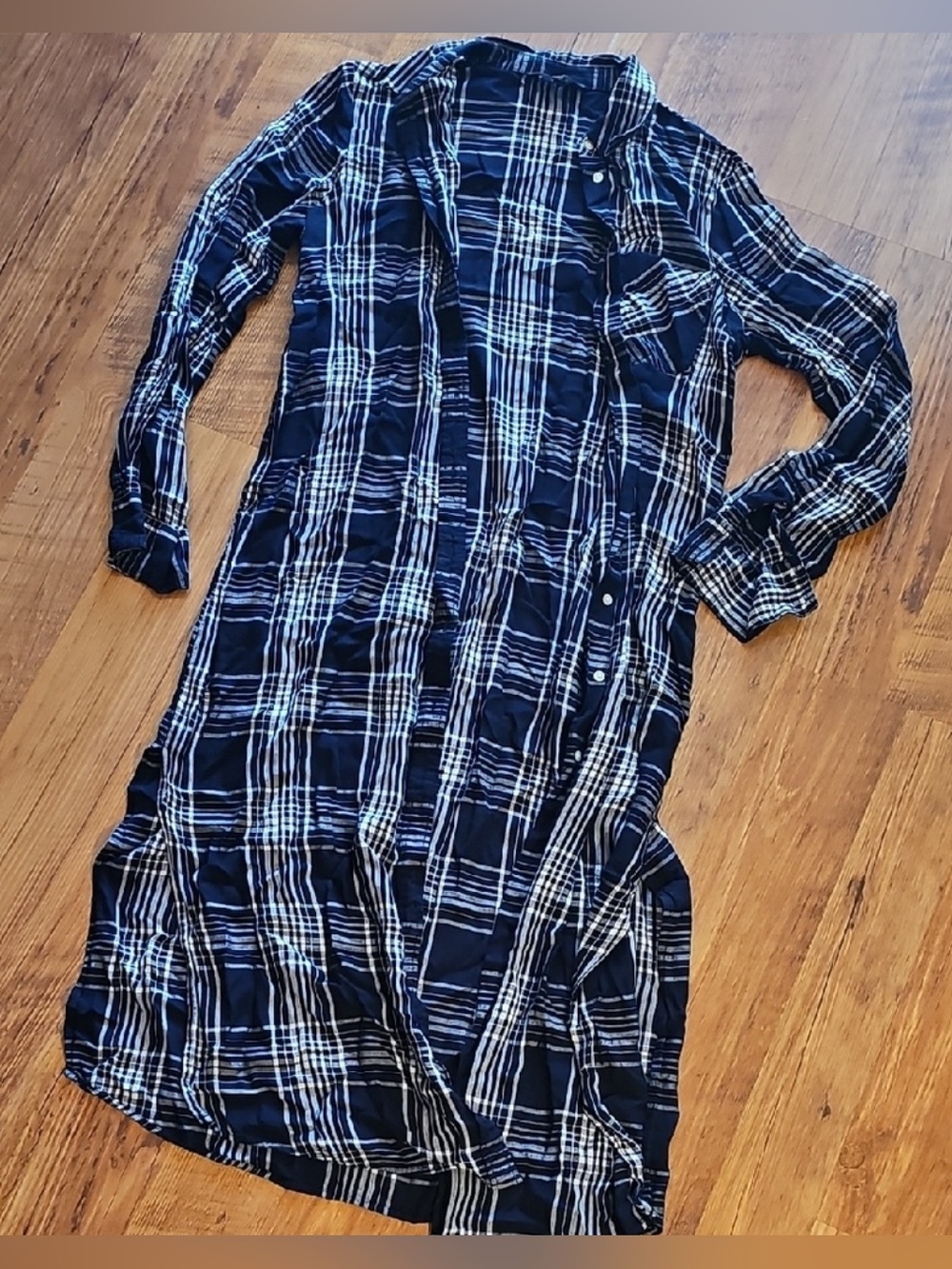 ❤️ Express XS Women's Long Navy Plaid Button-Front Shirt Dress (B5)